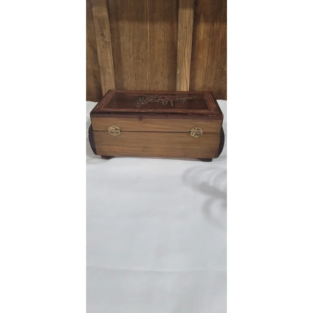 Vintage 1960's Wooden jewelry box with carved Asian Motifs
